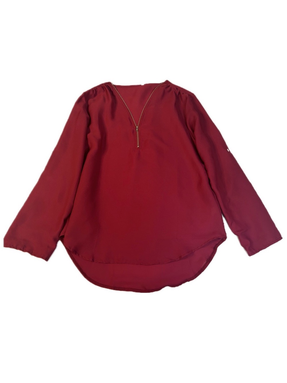 Womens Burgundy Zip-Front Long Sleeve Blouse